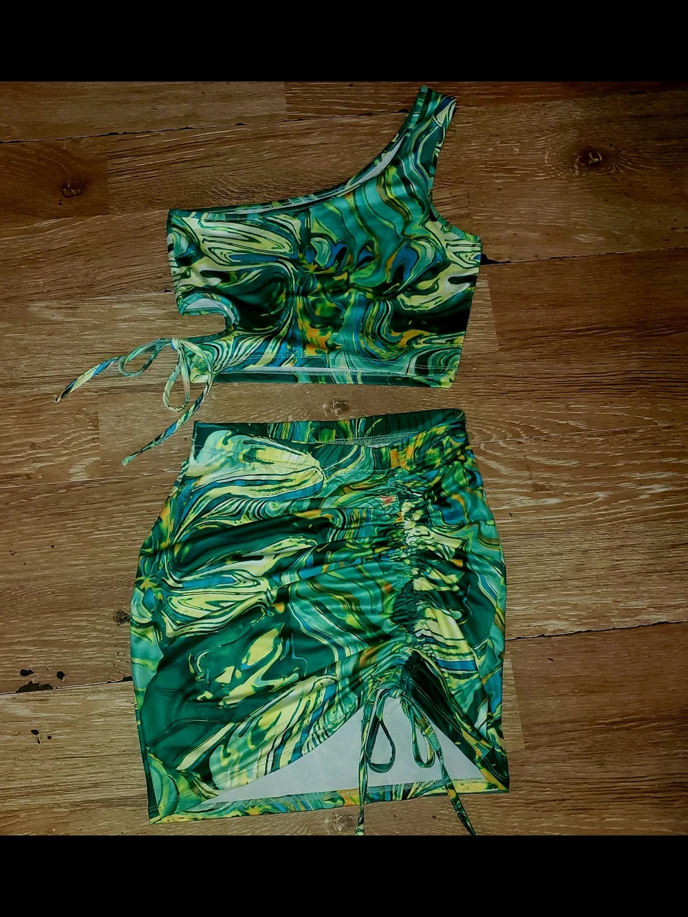 One-Shoulder Green & Yellow Marble Print Crop Top & Ruched Skirt Set